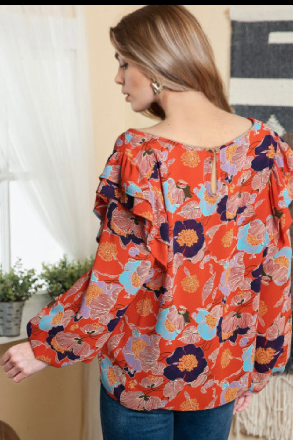 Red Floral Ruffle Puff Sleeve Blouse