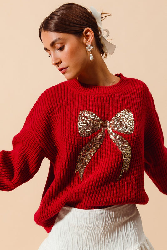 Red Ribbon Sequin Sweater