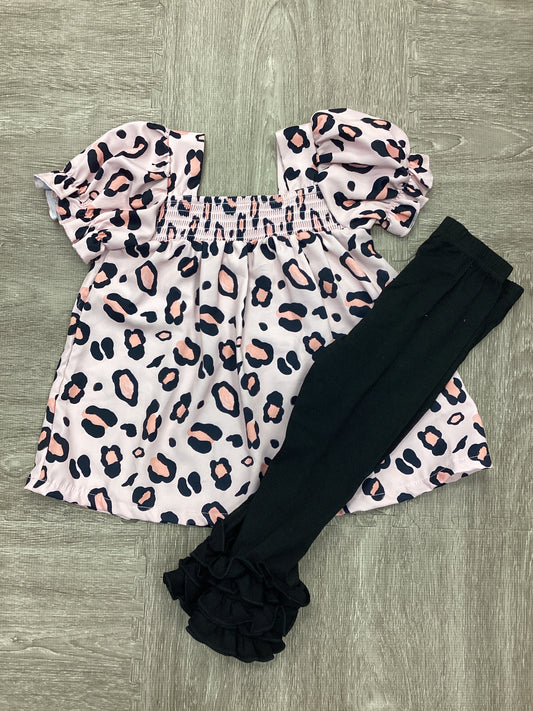 Girls Pink Leopard Smocked Pants Set