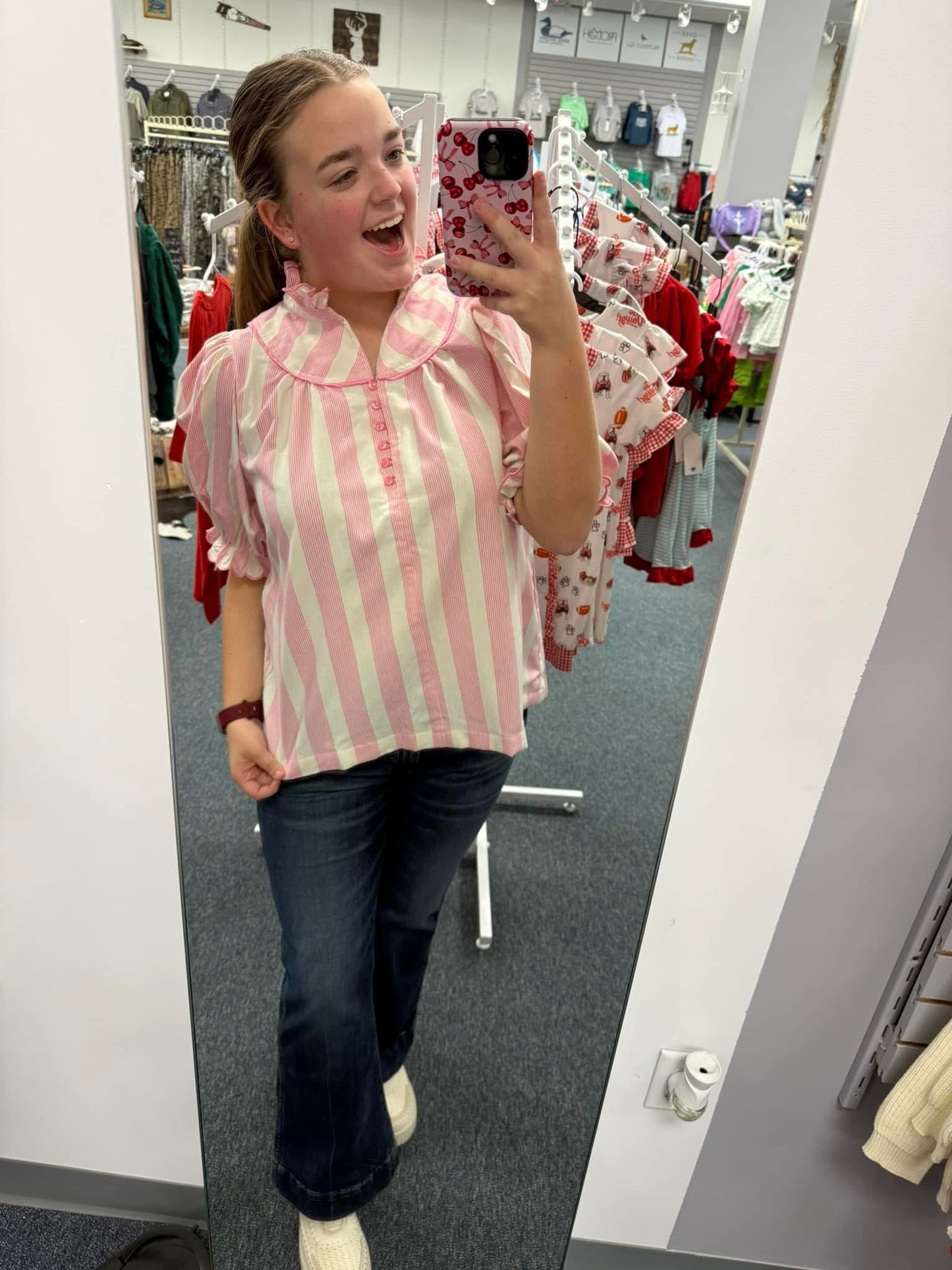 Pink Stripe Ruffle Top by Umgee
