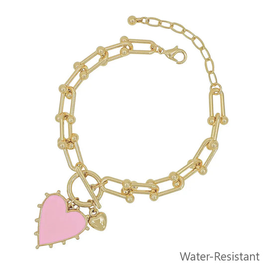 Gold Bracelet w/Pink Studded Heart Charm