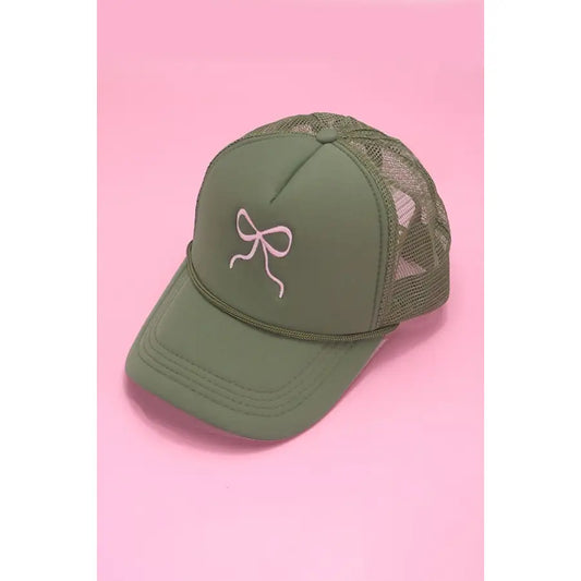 Ribbon Bow Trucker Hat in Olive