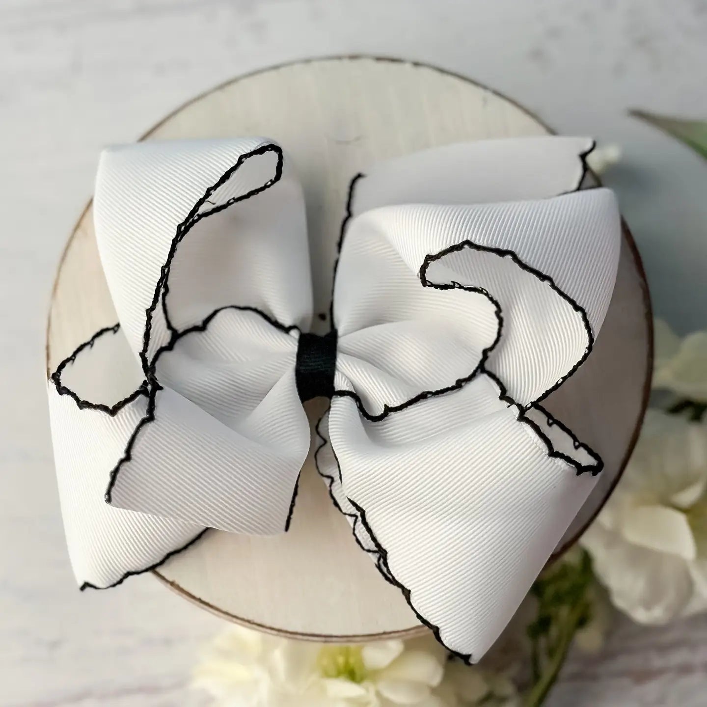 White W/Black Moostitch Hair Bow