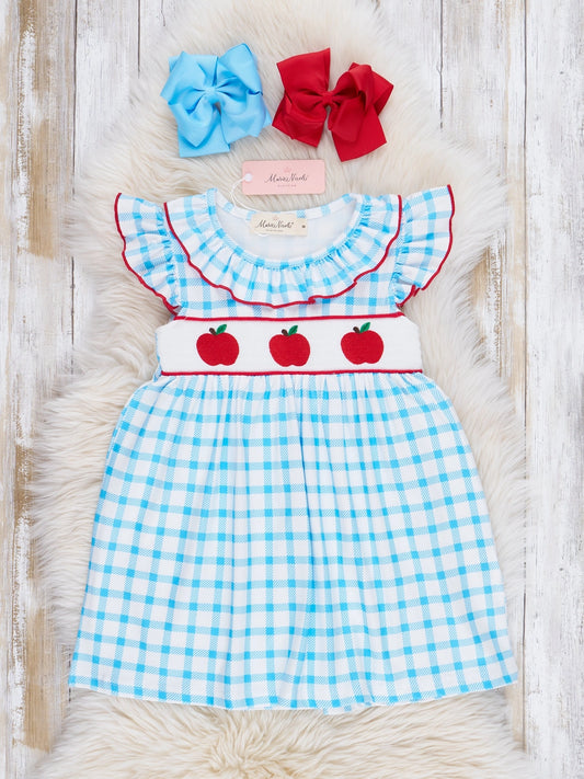 Blue Plaid Smocked Apple Ruffle Dress