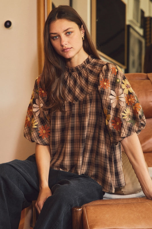 Plaid Puff Sleeve Blouse
