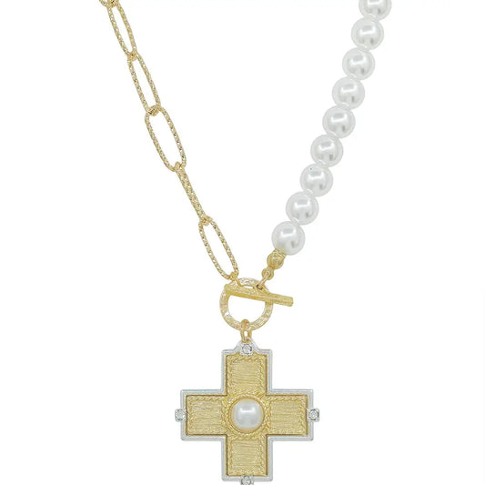 Gold Open Chain and Pearl W/Pearl Cross