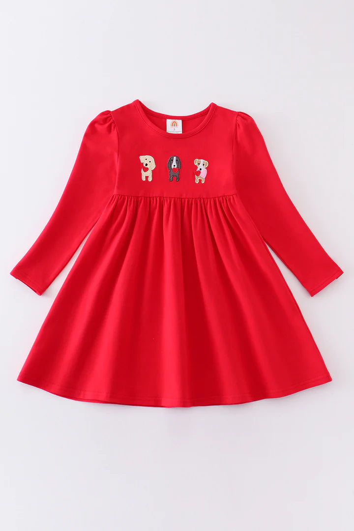 Red Valentine Dress with Applique puppies