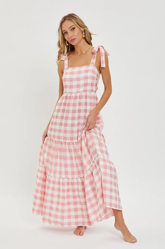 Pink Gingham Tiered Maxi Dress