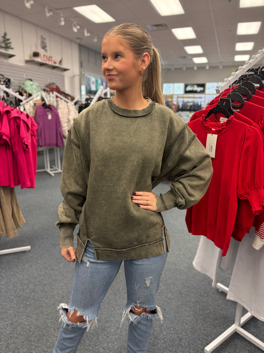 Olive Acid Wash Sweatshirt