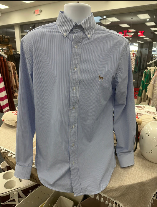 Cardinal Creek Logo Navy & White Striped Button Up