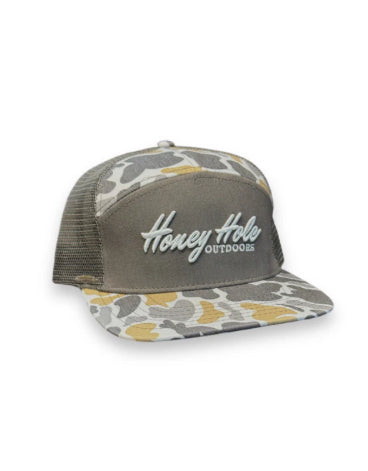 Honey Hole Hat 7 Panel Flatbill Smoke Camo