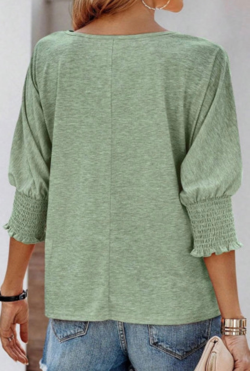 Green Smocked 3/4 Sleeve Blouse