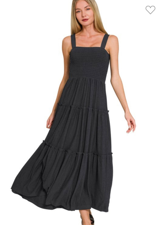 Black Smocked Tiered Dress