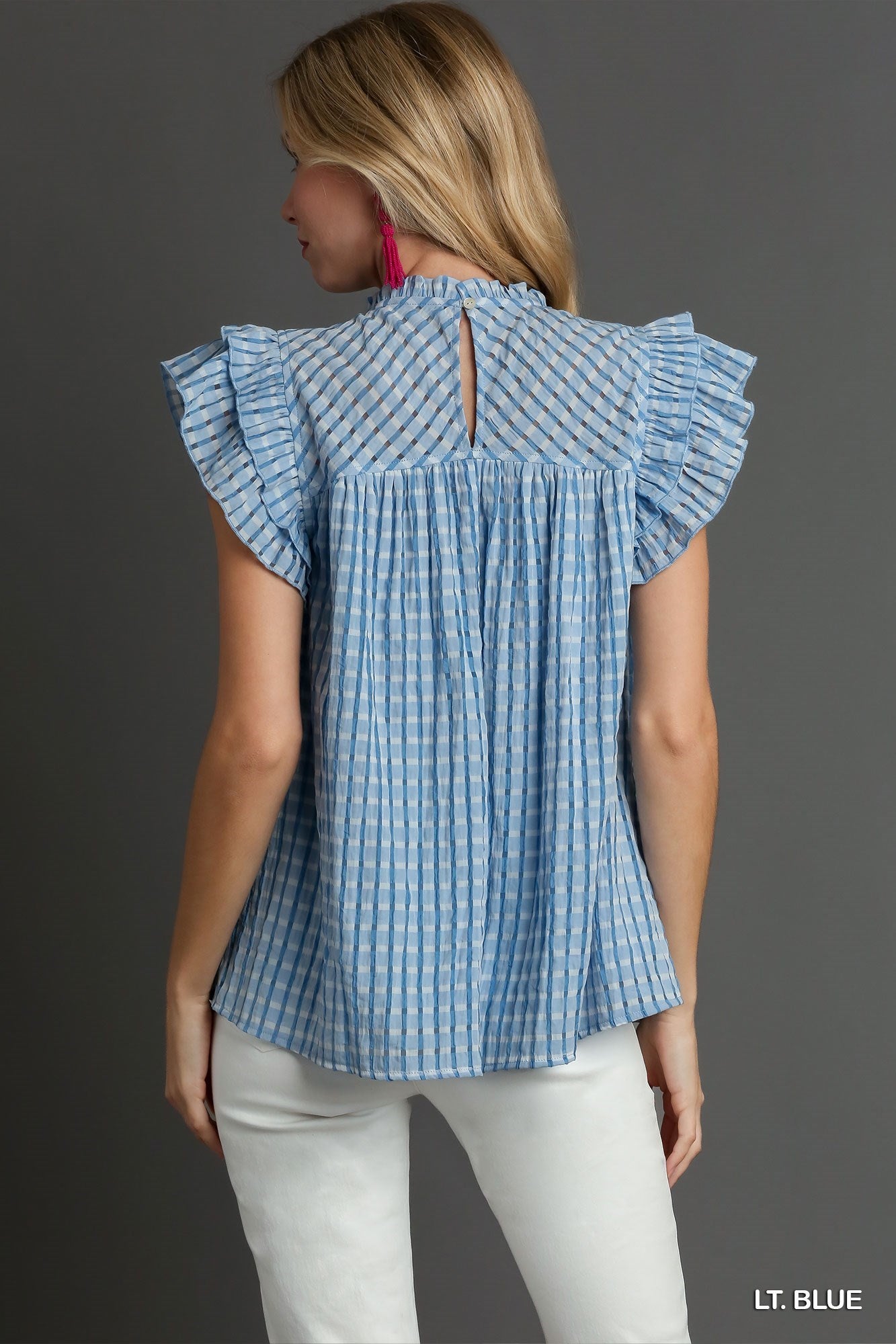 Blue Seersucker Ruffle Neck Top