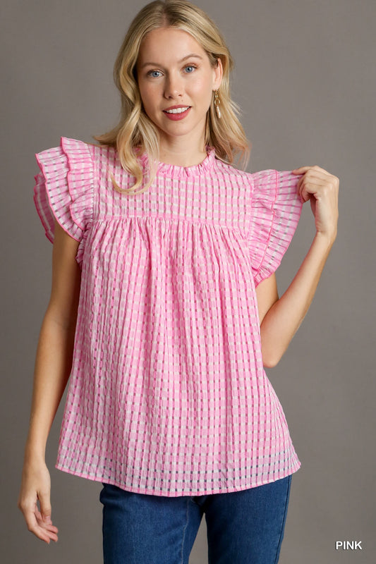 Pink Seersucker Ruffle Neck Top