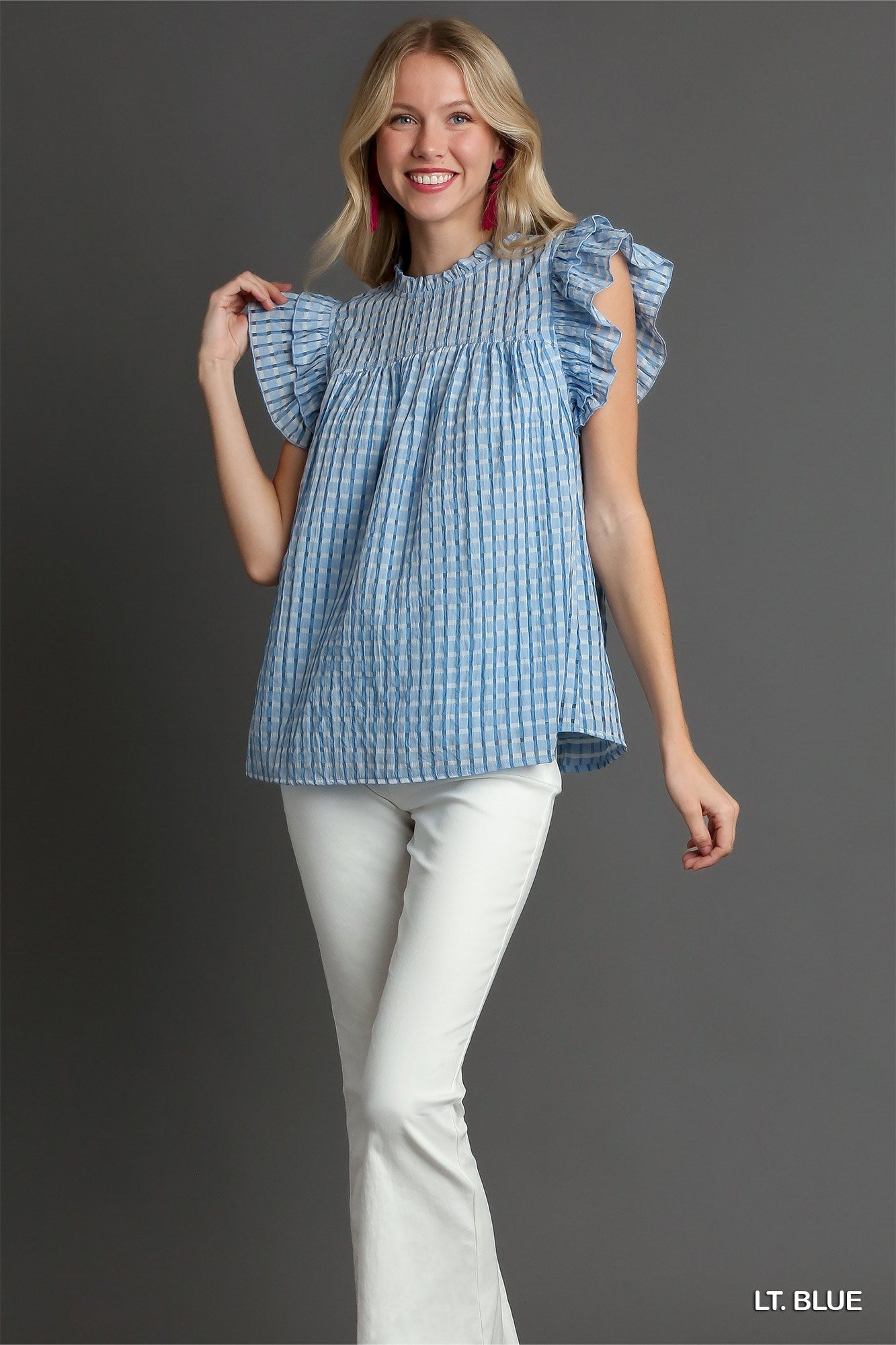 Blue Seersucker Ruffle Neck Top