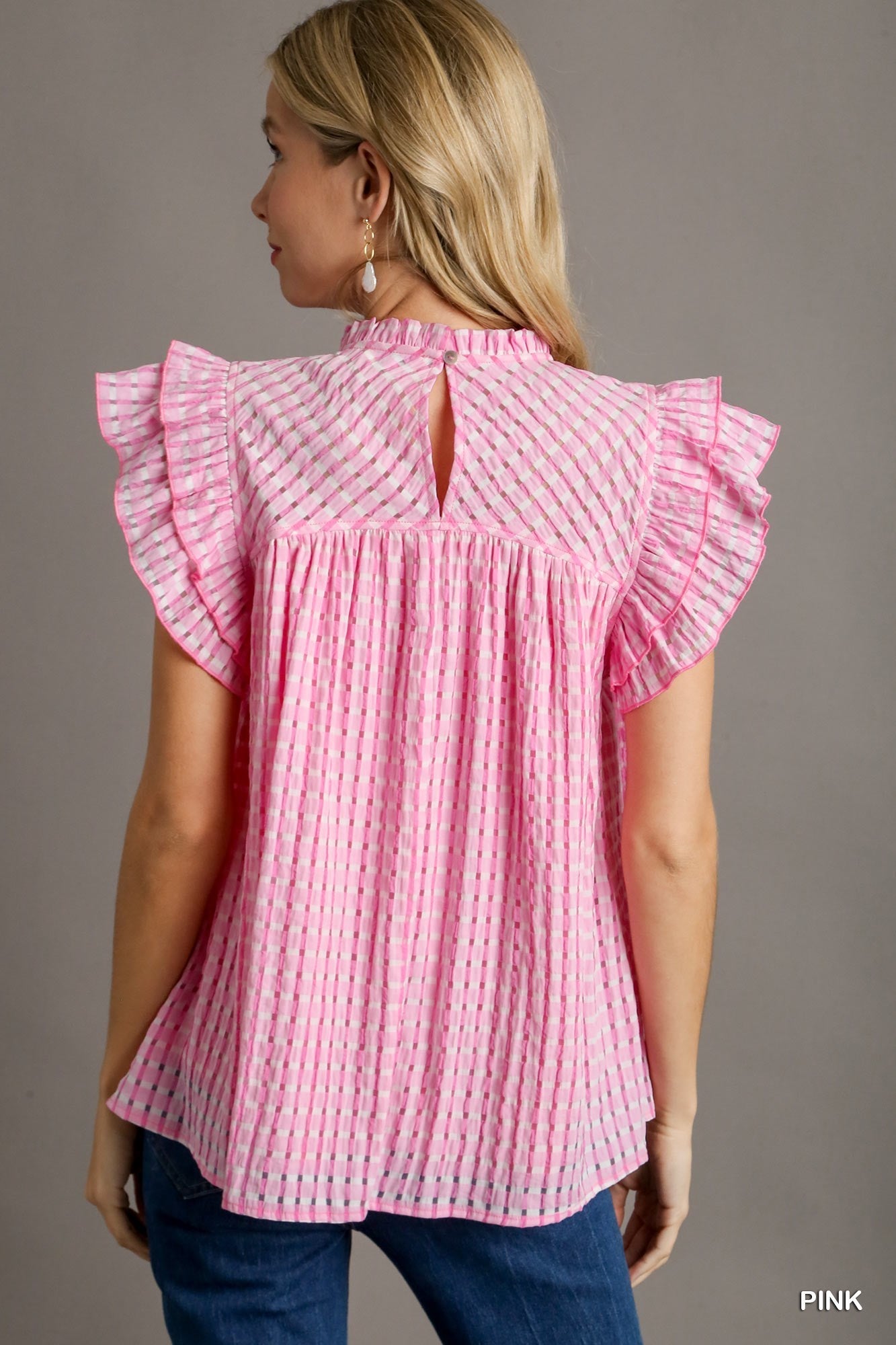 Pink Seersucker Ruffle Neck Top