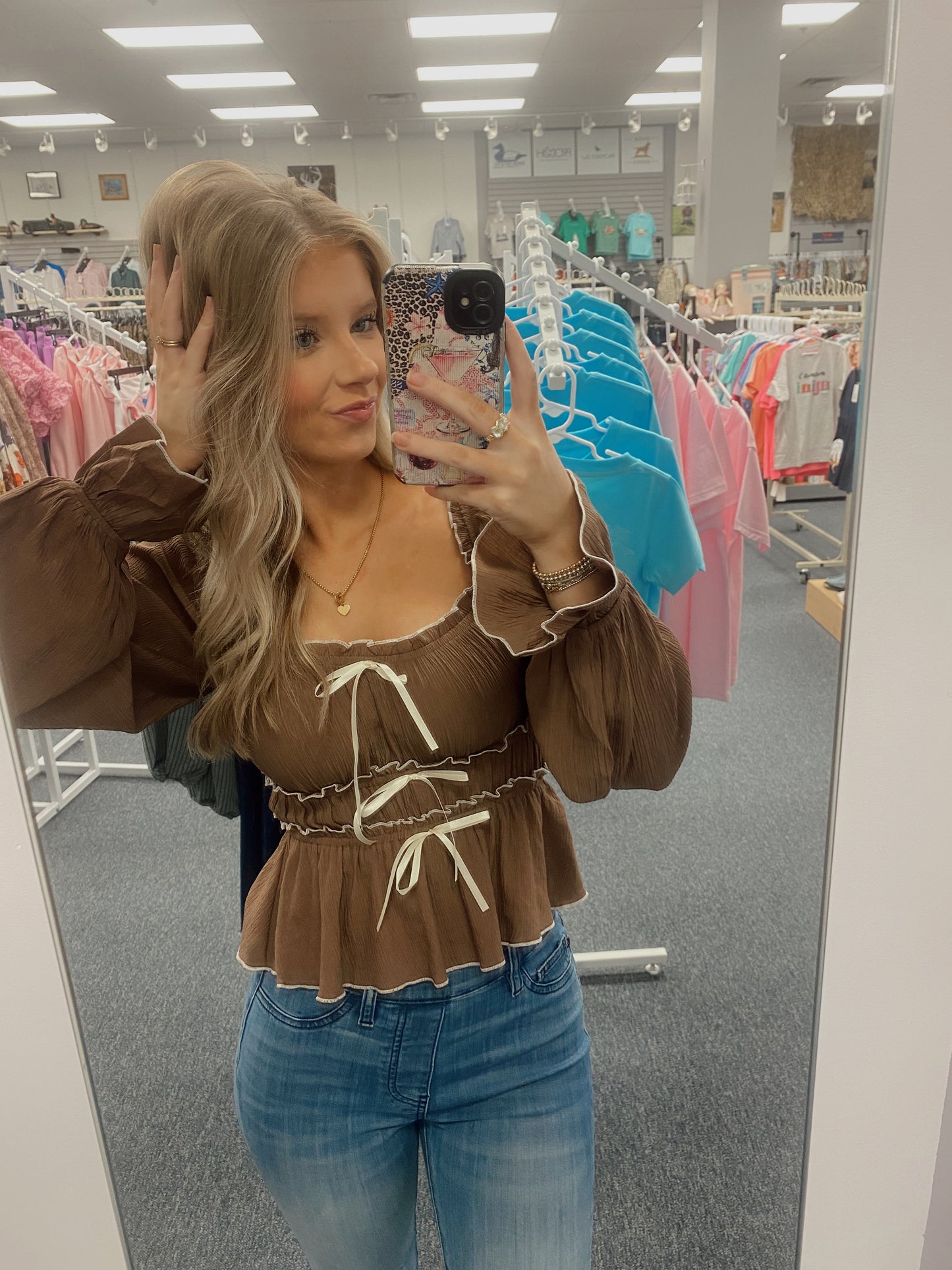 Brown Contrast Bow Ruffled Top