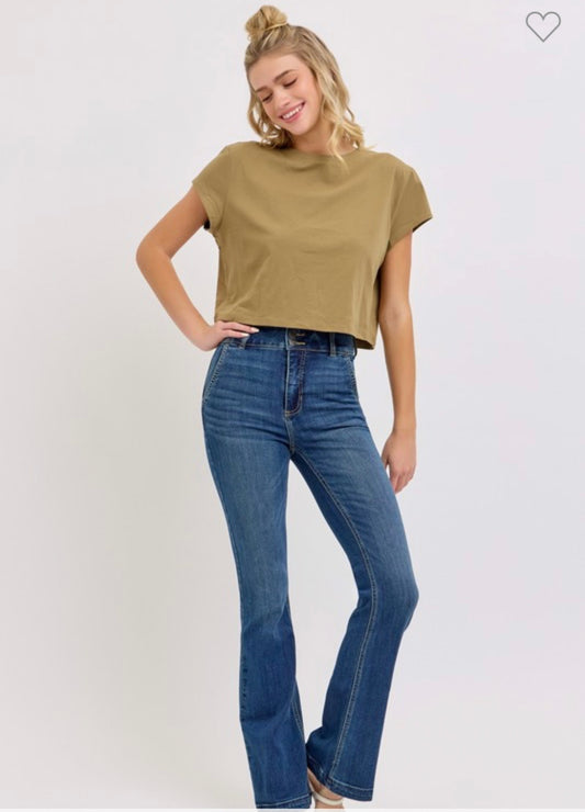 Cello High Rise 2 button Flare with Back Yoke Seams Jeans