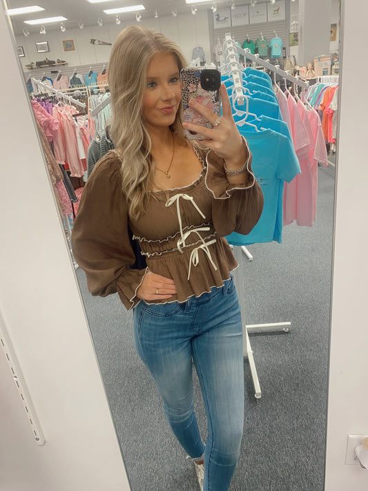 Brown Contrast Bow Ruffled Top