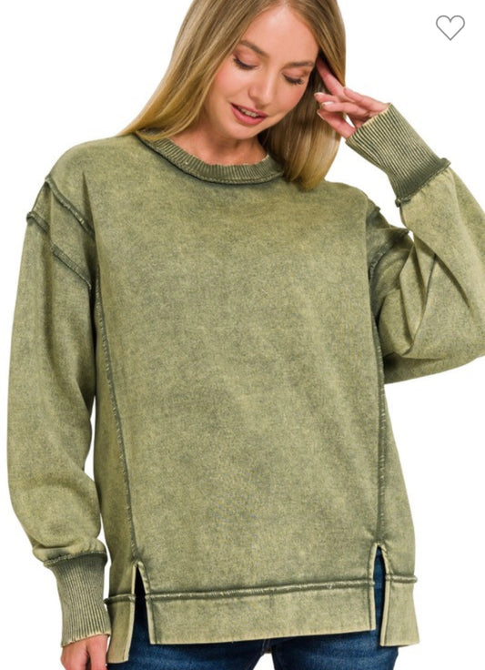 Lt Olive Acid Wash Sweatshirt