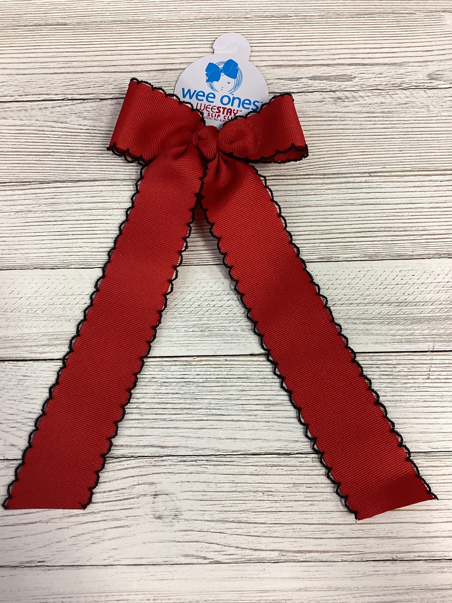 Wee Ones Medium Grosgrain Moonstitch Hair Bowtie with Knot Wrap and Streamer Tails - Black & Red