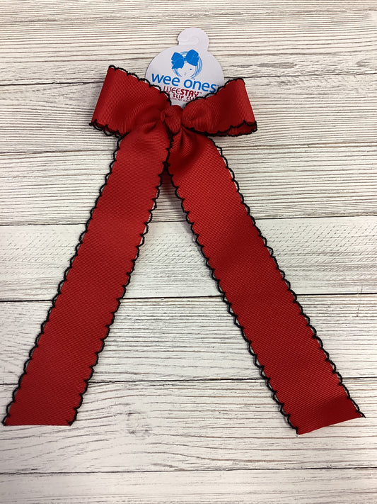Wee Ones Medium Grosgrain Moonstitch Hair Bowtie with Knot Wrap and Streamer Tails - Black & Red