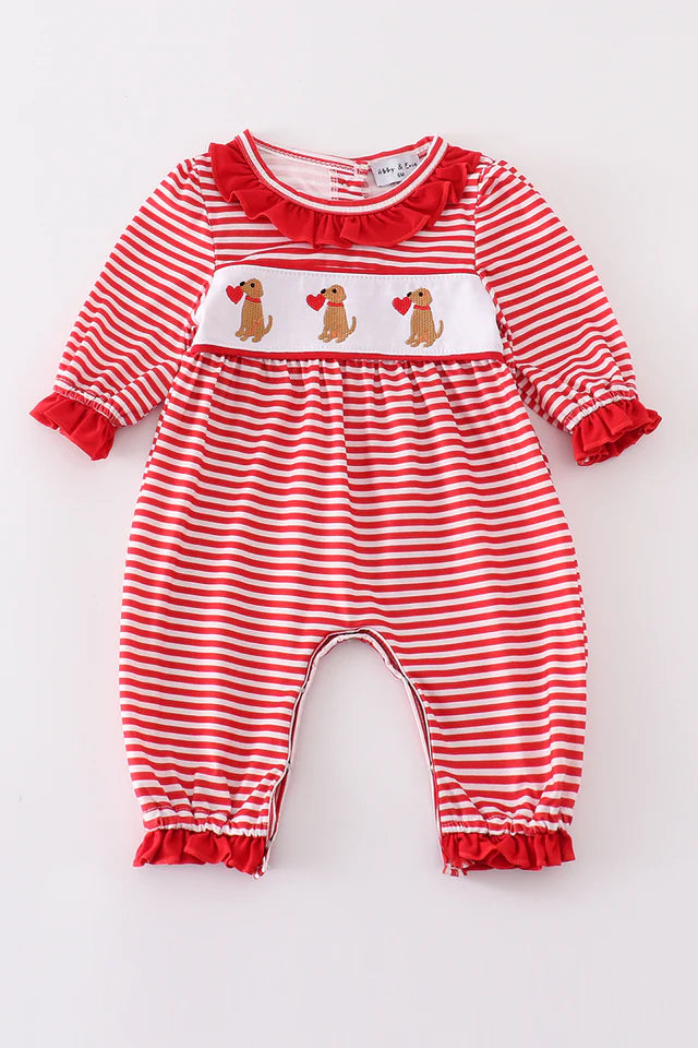 Girls Red Striped Valentine Puppy Romper