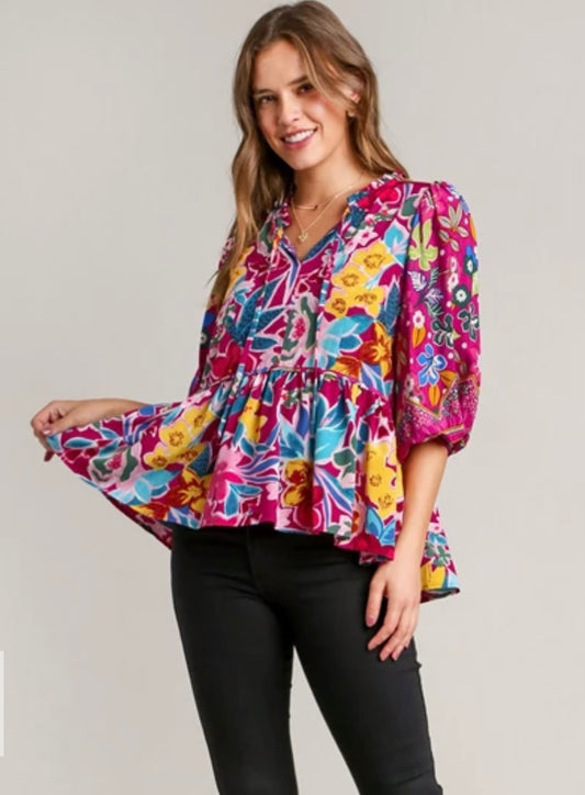 Umgee Floral Mulberry Top