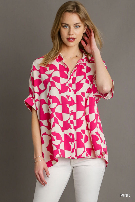 Umgee Pink Abstract Two Tone Blouse