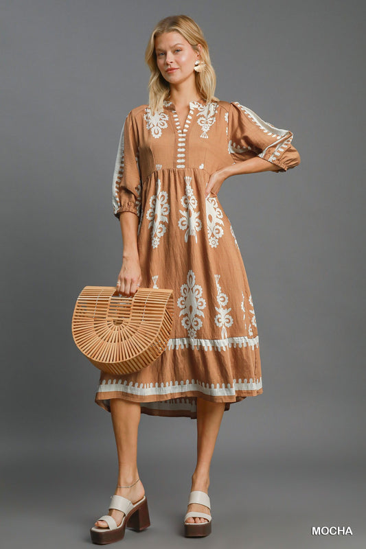 Umgee Mocha Border Print Dress