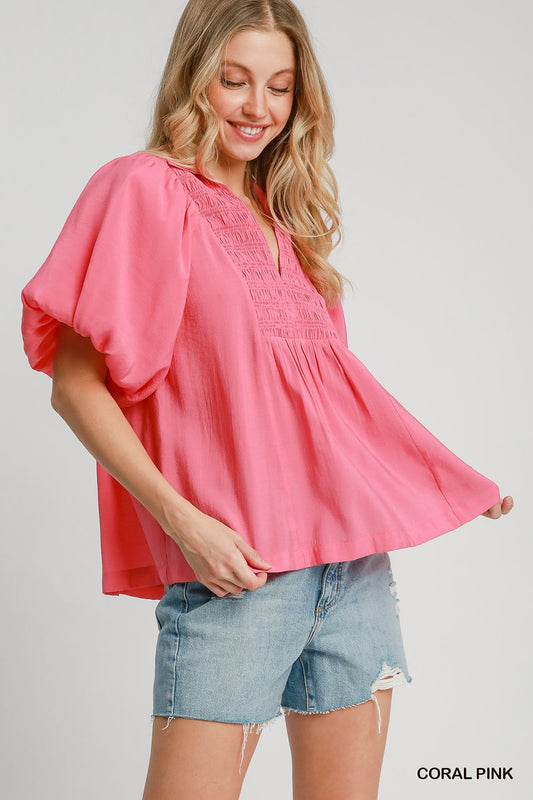 Coral Pink Bubble Sleeve Top