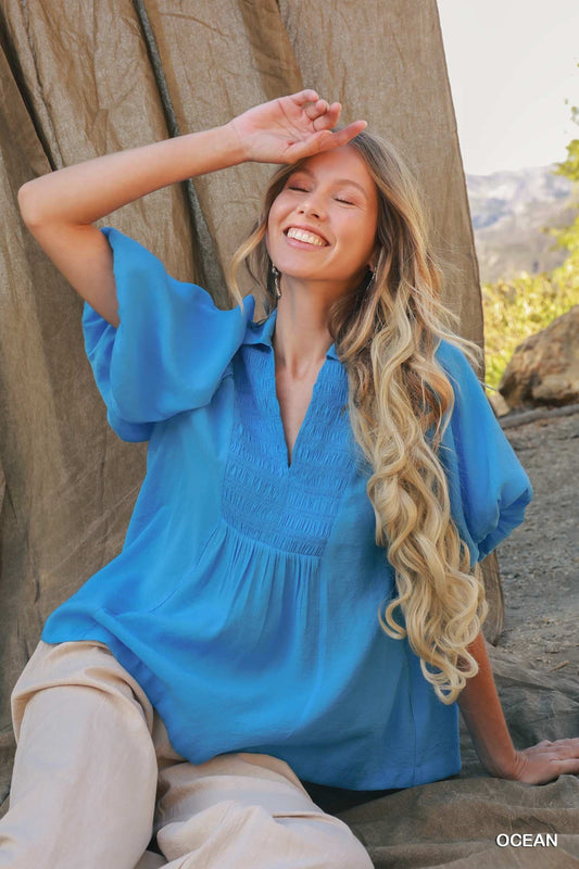 Bubble Sleeve Top in Ocean