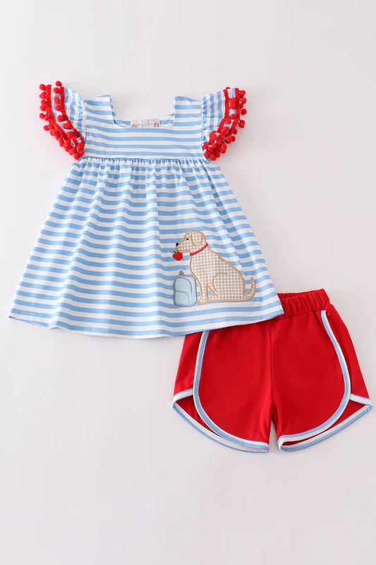 Dog Applique 2pc Outfit Red/Blue