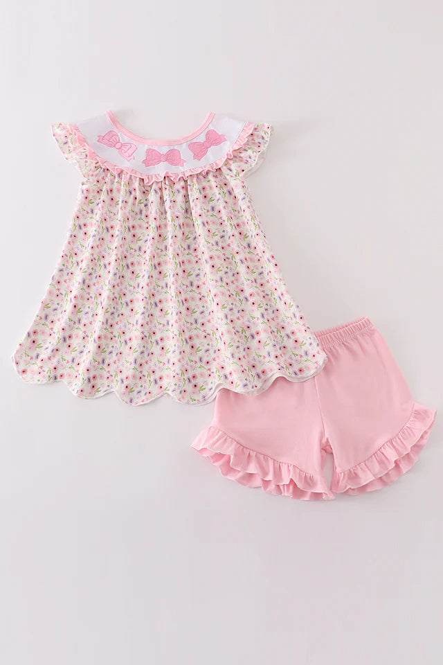 Pink Floral Bow Embroidery 2pc