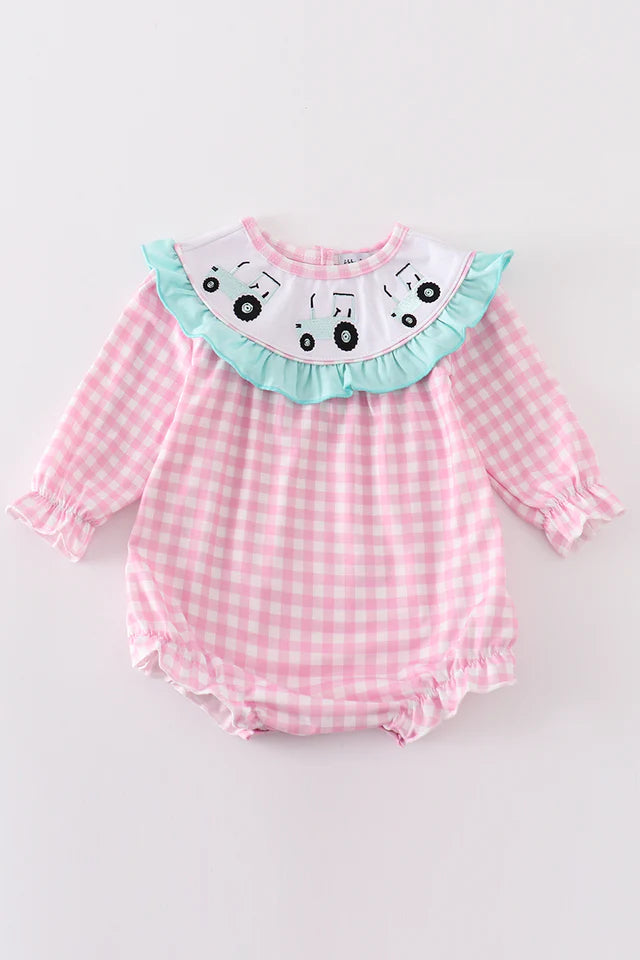 Girl's Pink Gingham Tractor Bubble