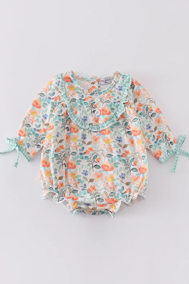 Girl's Green Watercolor Floral Ruffle Bubble