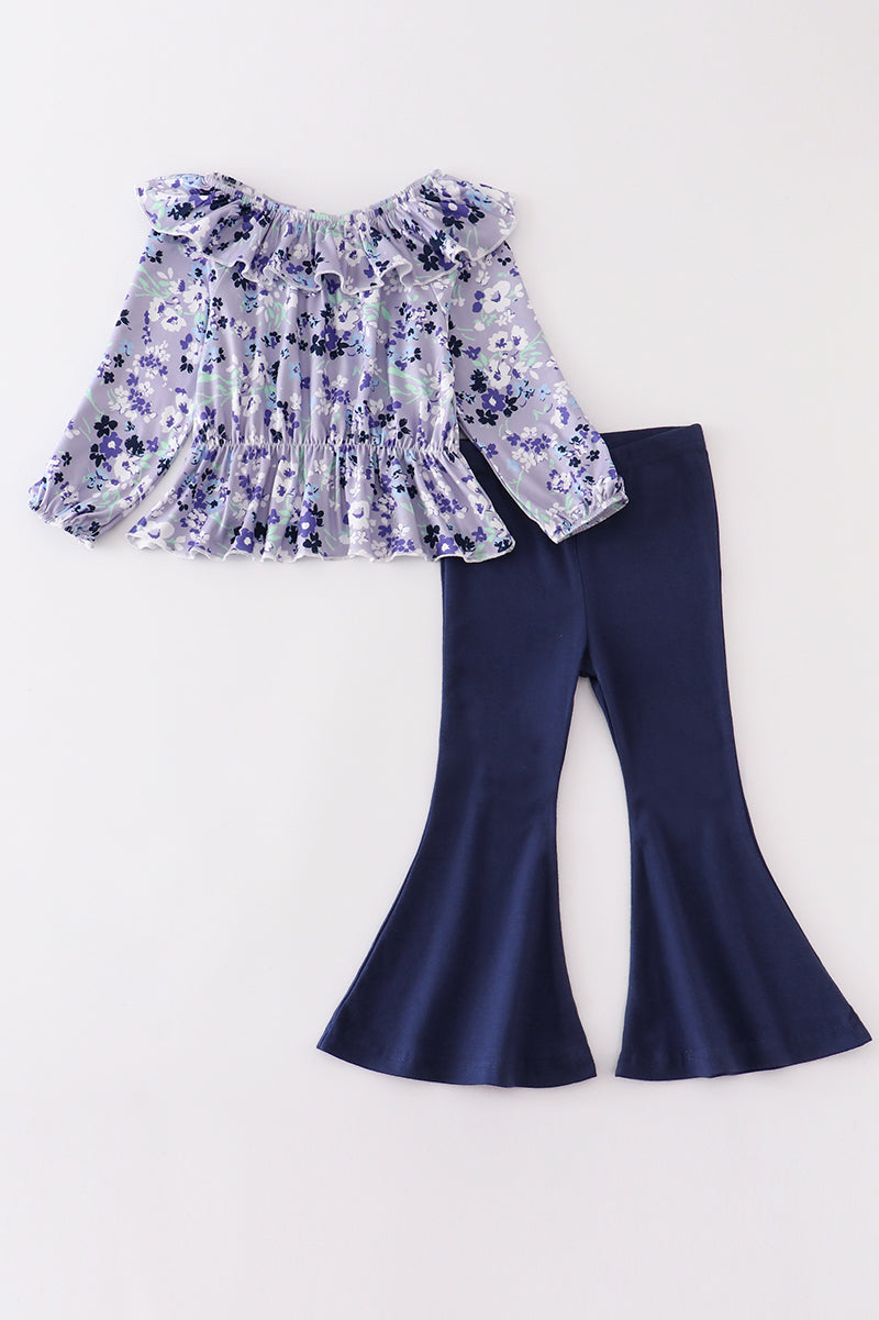 Girl's 2pc Floral top and navy flare pants