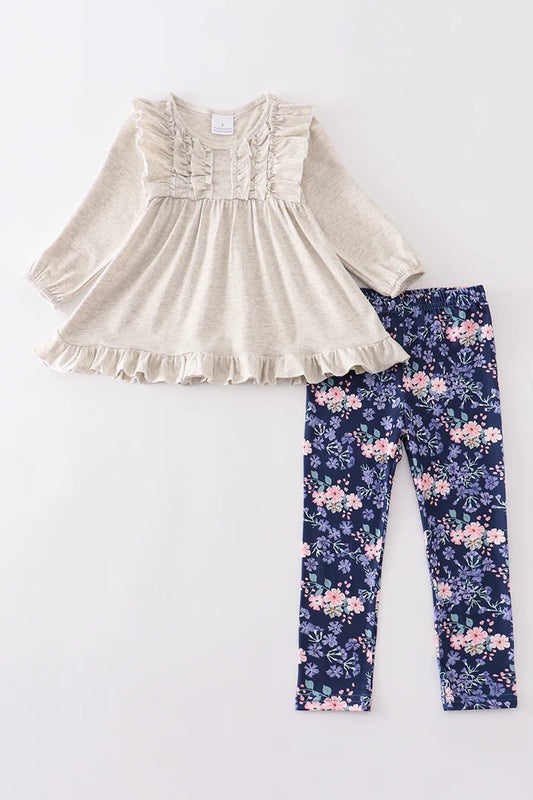 Girl's 2pc Grey floral print ruffle outfit