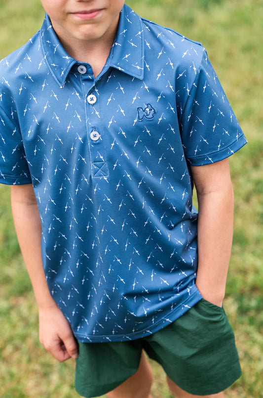 Prodoh Boy's Short Sleeve Pro Performance Polo in Fishing Rod Print on Blue