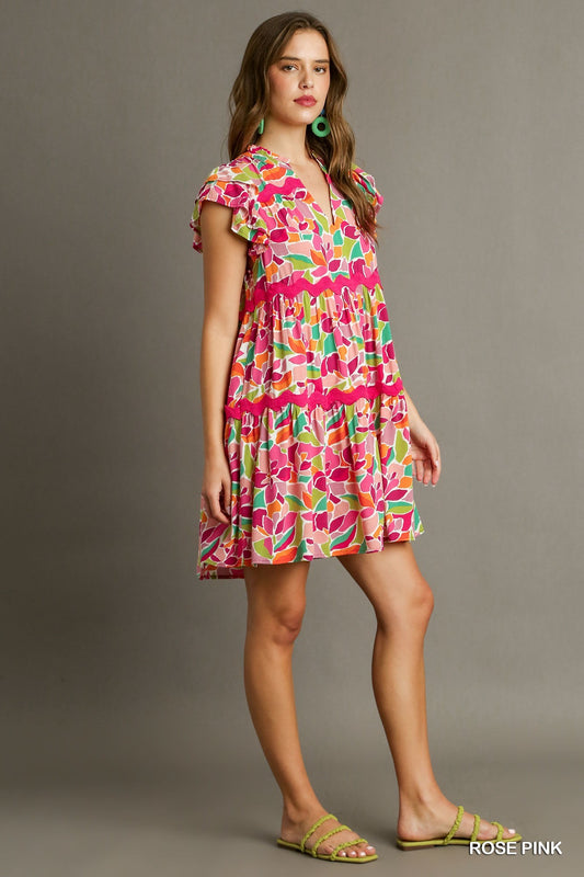 Abstract Pink Tiered Dress