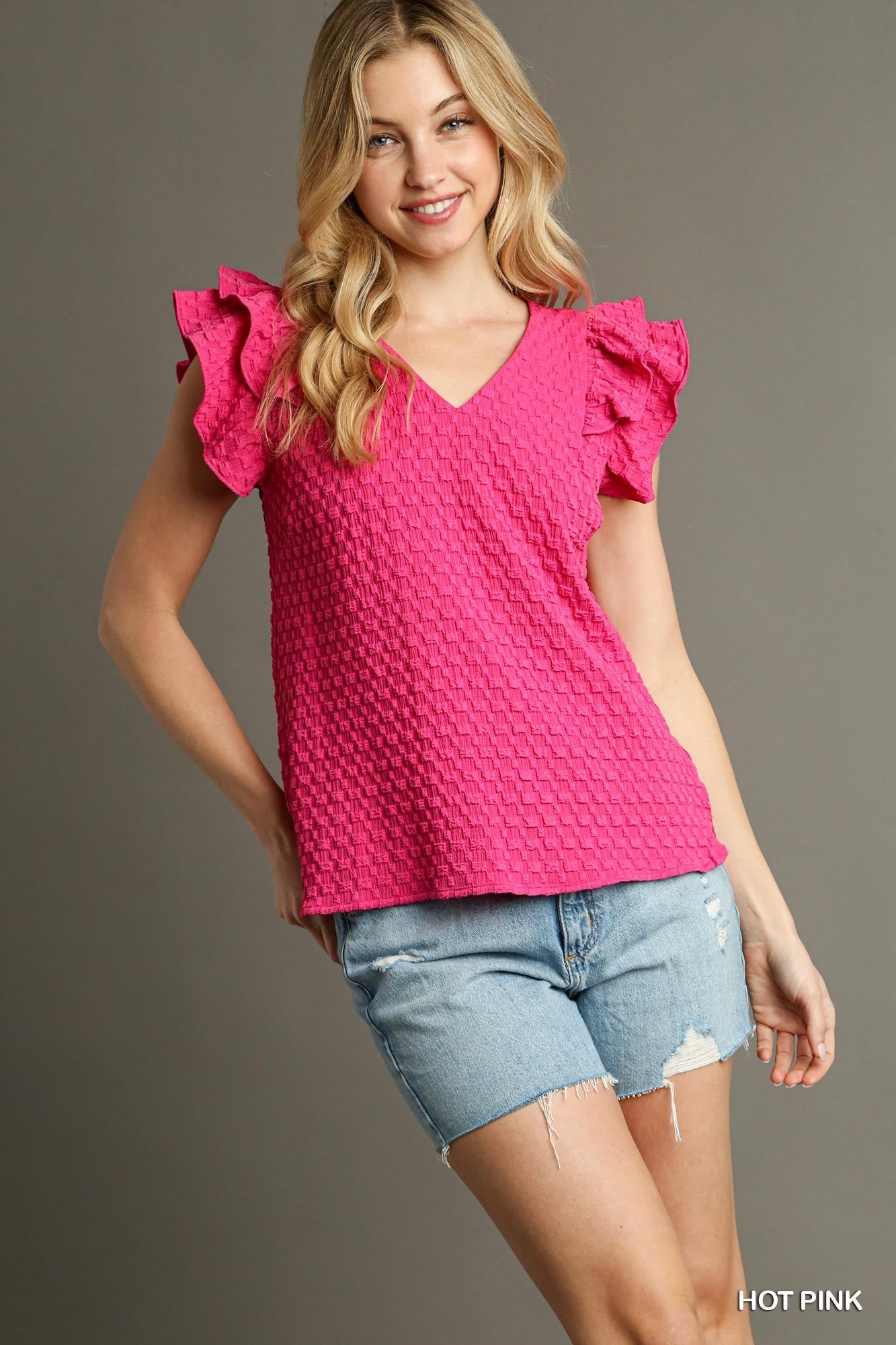 Hot Pink Jacquard V-Neck Top