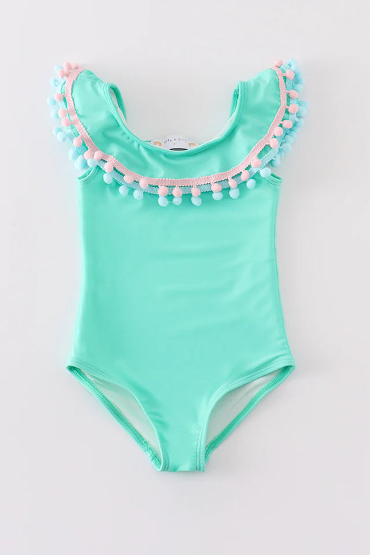 Green Pom Pom Swimsuit for Girls