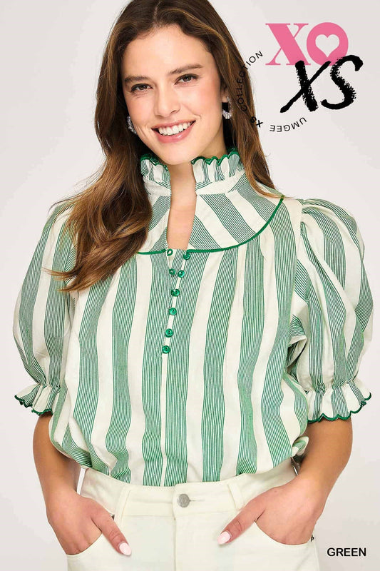 Green Stripe Ruffle Collar Blouse by Umgee