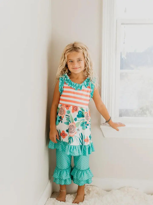 Girl's Teal/Peach Stripe Capri 2pc