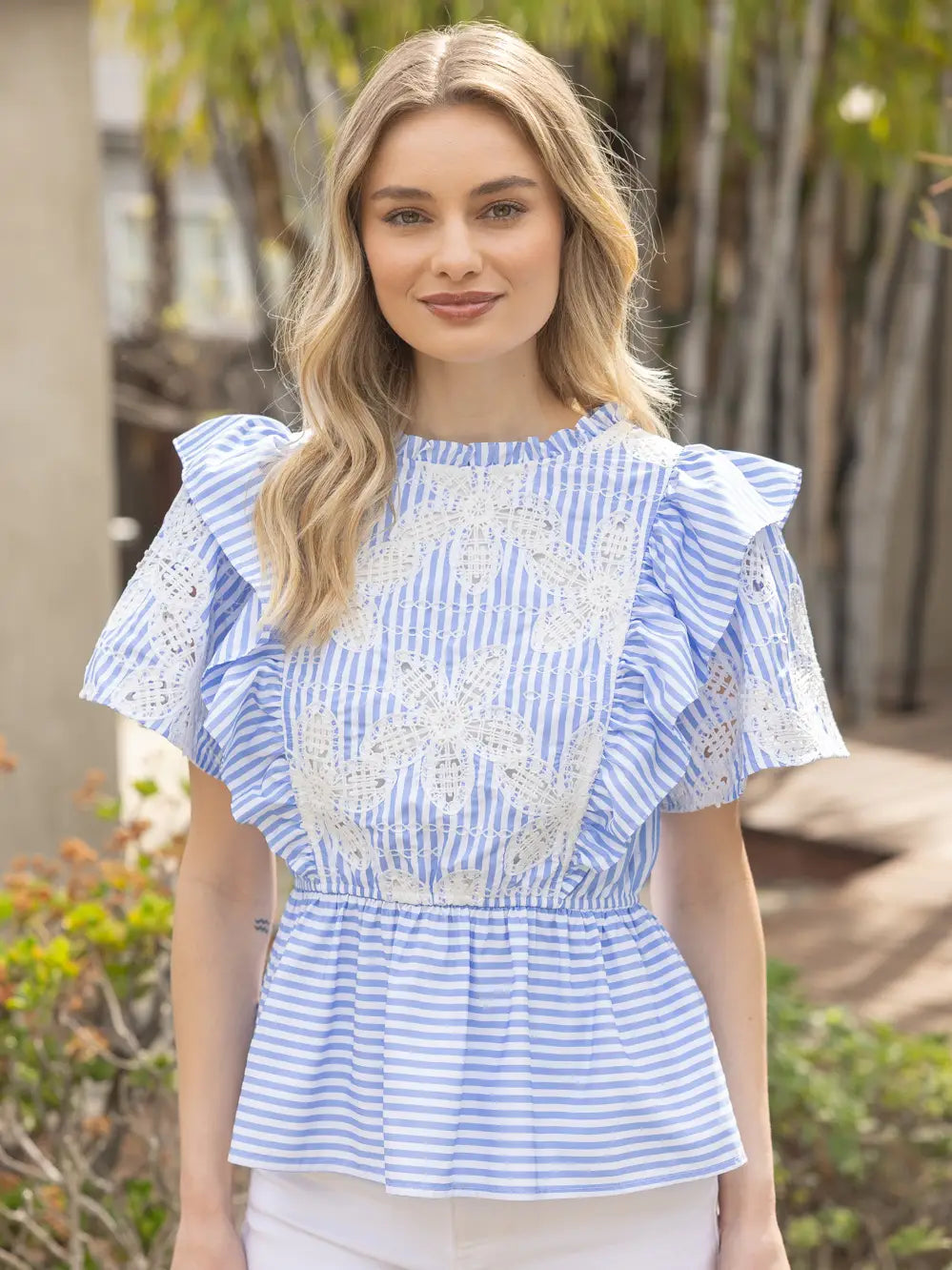Blue/White Peplum Top