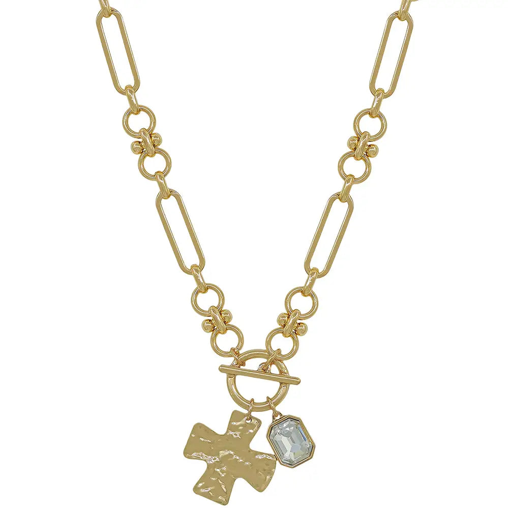 Gold Open Cross w/Hammered Cross and Rhinestone