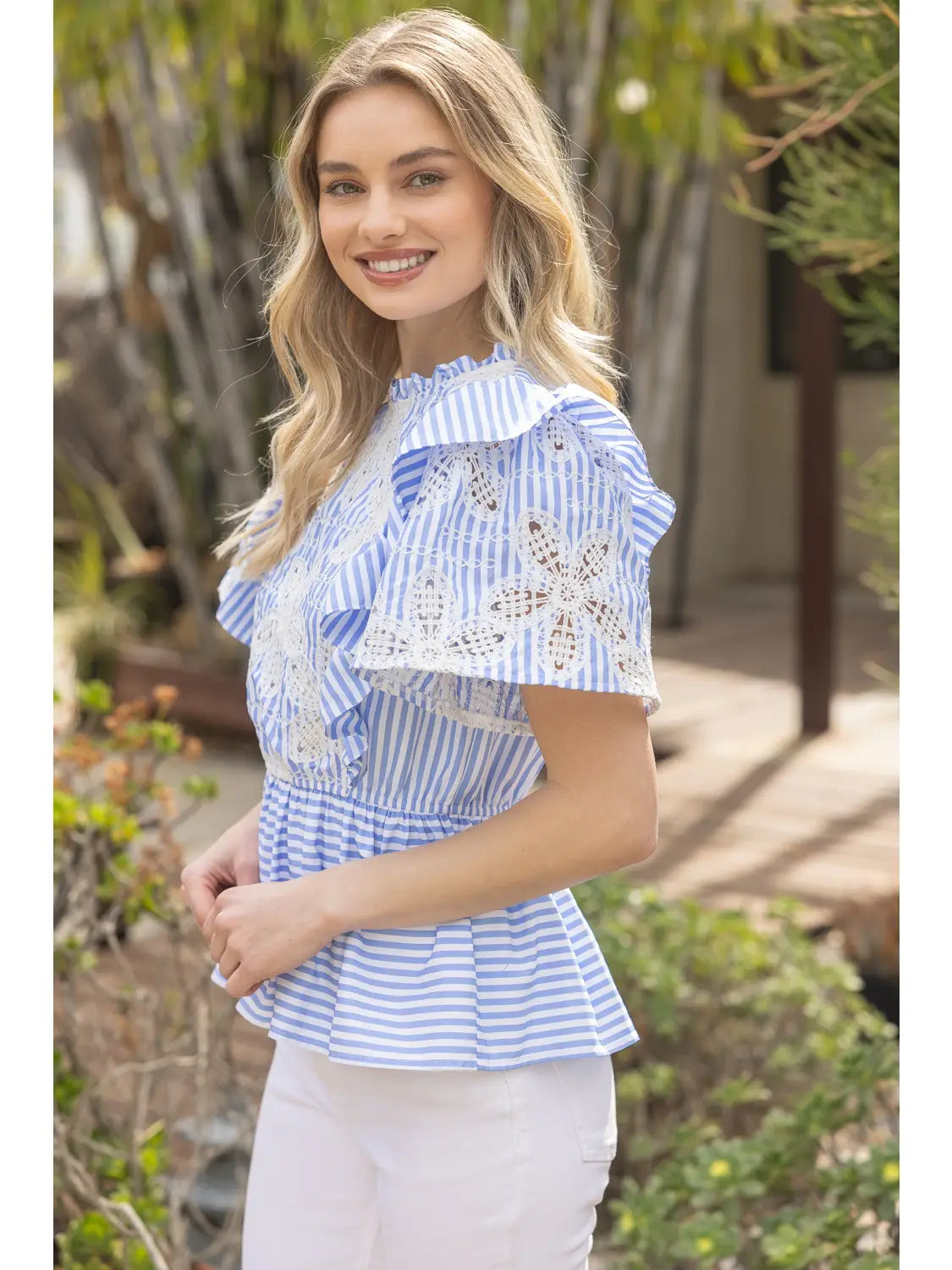 Blue/White Peplum Top