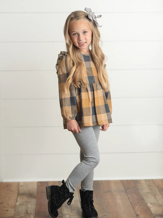 Girl's Mustard & Grey Plaid Ruffle 2pc