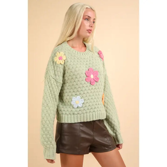 Sage Flower Applique Sweater